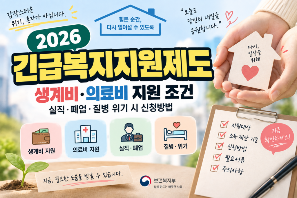 2026 긴급복지지원제도 생계비·의료비 지원 조건｜실직·폐업·질병 신청방법