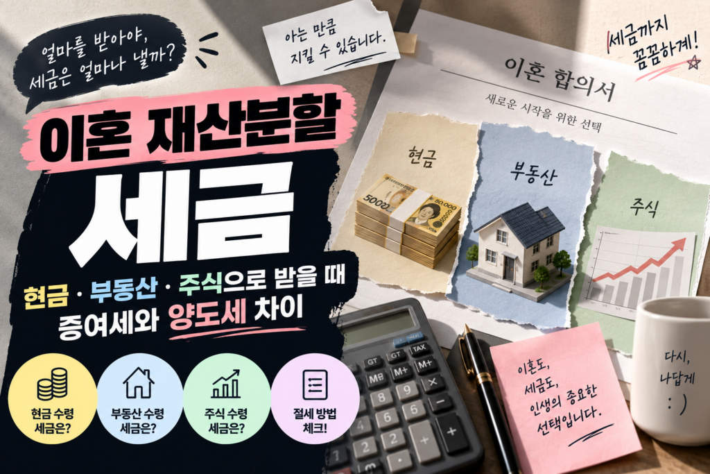 이혼 재산분할 세금｜현금·부동산·주식 받을 때 증여세·취득세·양도세 총정리